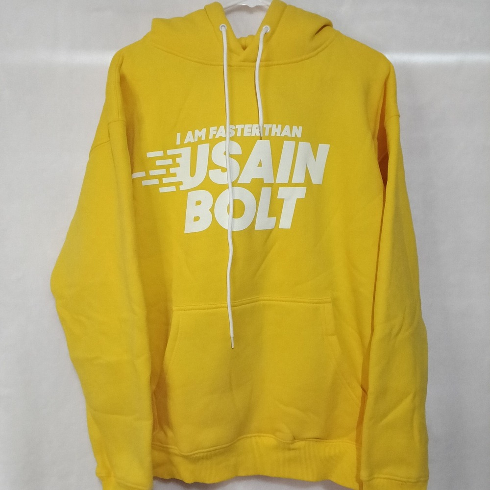 CarMax I Am Faster Than Usain Bolt Graphic Hoodie Yellow Large Promo Sweatshirt